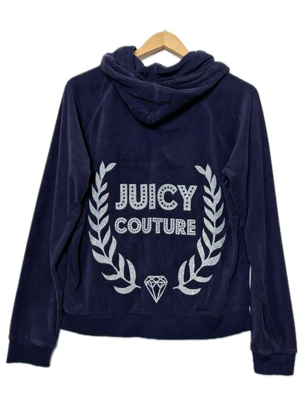 Juicy Couture French Terry Glitter Rhinestone Full Zip Hoodie Size Large Navy